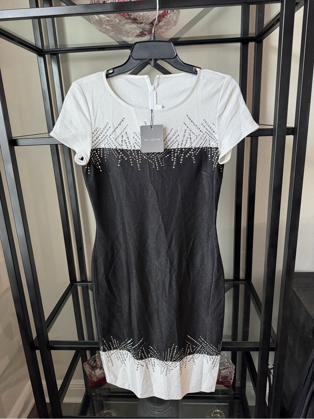 St. John Black and White Beaded Short-Sleeve Dress
